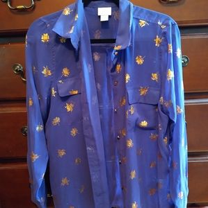 XL Jaclyn Smith Sheer Button down Top purple with gold pixelated roses